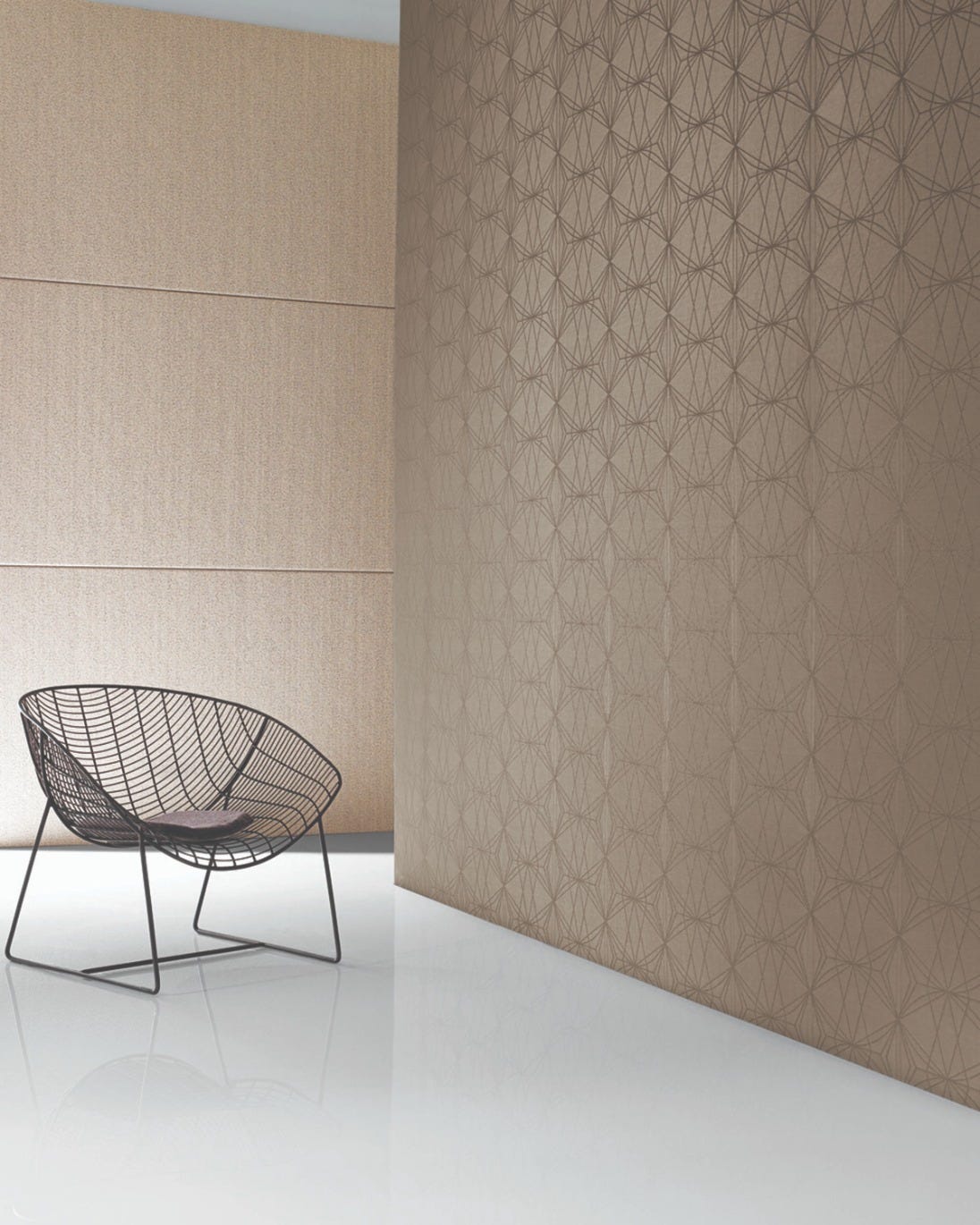 Sculptural chair beside a floor-to-ceiling Xorel wall with a fine geometric woven pattern